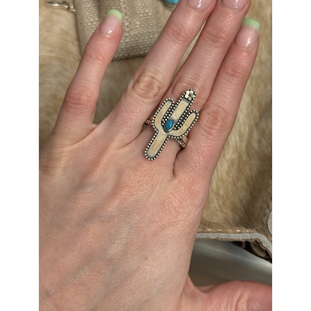 Southwest 925 Sterling Silver Blue Turquoise Saguaro Cactus Ring~8.5 Braided🌵